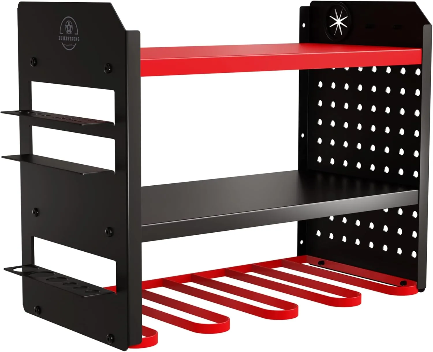 Power Tool Organizer Wall Mount - 3-Tier Heavy-Duty Metal Hand Tool Storage Rack, Utility Racks, Drill Holder, PegBoard Side, & More - Garage Storage Cordless Tool Organizer (Red)