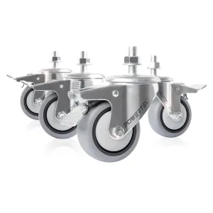 POWERTEC 3 Inch Threaded Stem Caster Wheels Set of 4 with Brake & 600 lbs Loads, Heavy Duty Stem Casters, Dual Locking TPR Rubber Castor Wheels for Furniture, Cart, Dolly & Workbench (17201)