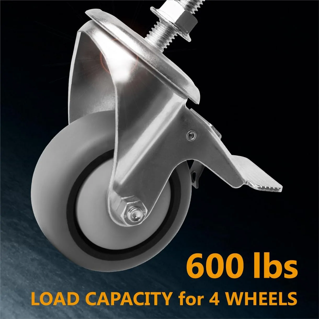 POWERTEC 3 Inch Threaded Stem Caster Wheels Set of 4 with Brake & 600 lbs Loads, Heavy Duty Stem Casters, Dual Locking TPR Rubber Castor Wheels for Furniture, Cart, Dolly & Workbench (17201)