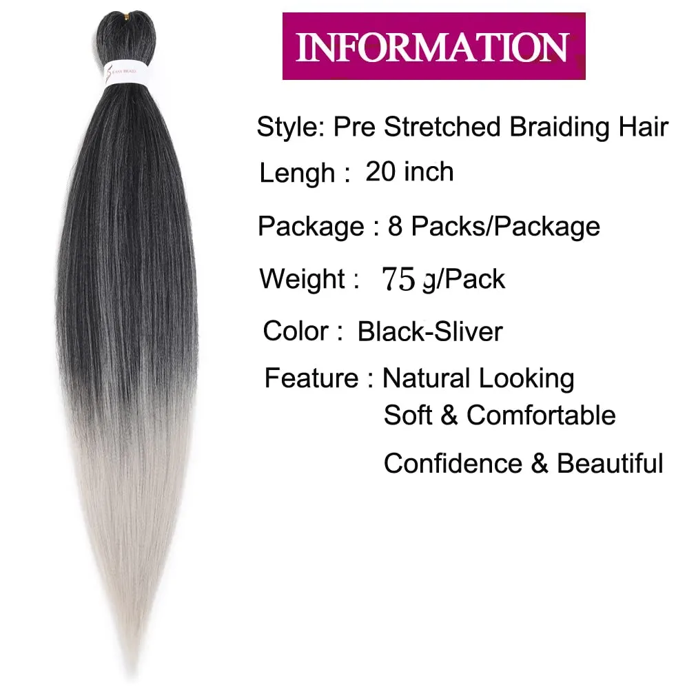 Pre Stretched Braiding Hair Extensions 20 Inch 8 Packs Professional Synthetic Braid Hair for women Crochet Braids Soft Yaki Texture Hot Water Setting(20",mixed black & sliver)