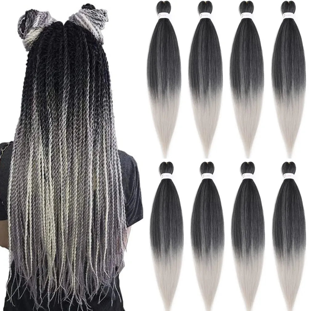 Pre Stretched Braiding Hair Extensions 20 Inch 8 Packs Professional Synthetic Braid Hair for women Crochet Braids Soft Yaki Texture Hot Water Setting(20",mixed black & sliver)