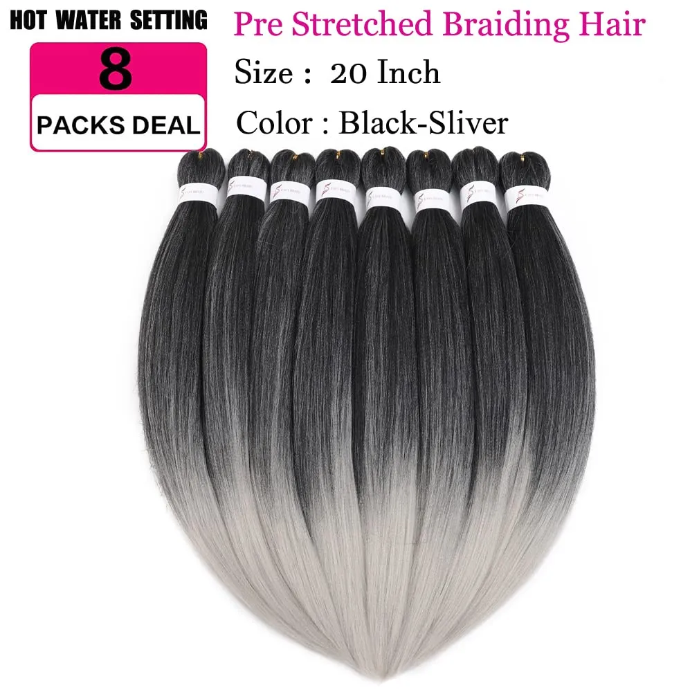 Pre Stretched Braiding Hair Extensions 20 Inch 8 Packs Professional Synthetic Braid Hair for women Crochet Braids Soft Yaki Texture Hot Water Setting(20",mixed black & sliver)