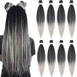 Pre Stretched Braiding Hair Extensions 20 Inch 8 Packs Professional Synthetic Braid Hair for women Crochet Braids Soft Yaki Texture Hot Water Setting(20",mixed black & sliver)