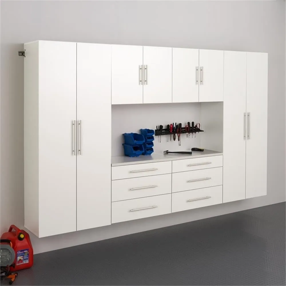 Prepac HangUps 120” Wide Wall Mount Storage Cabinet Set, Has 2-72” Tall, 2-24” Tall Cabinets & 2-24” Tall 3-Drawer Units for Garage, Bathroom, Kitchen, or Laundry, Set I, 120”W x 72”H x 16”D, White
