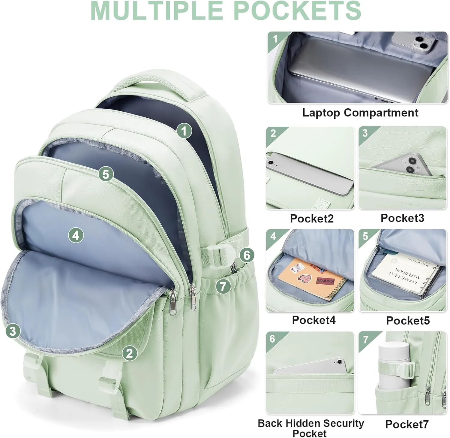 Preppy Middle School Backpack for Teens Girls Boys Waterproof Backpack with Lots of Pockets College Backpacks for Women Men Cute School Bag for Students（MintGreen）