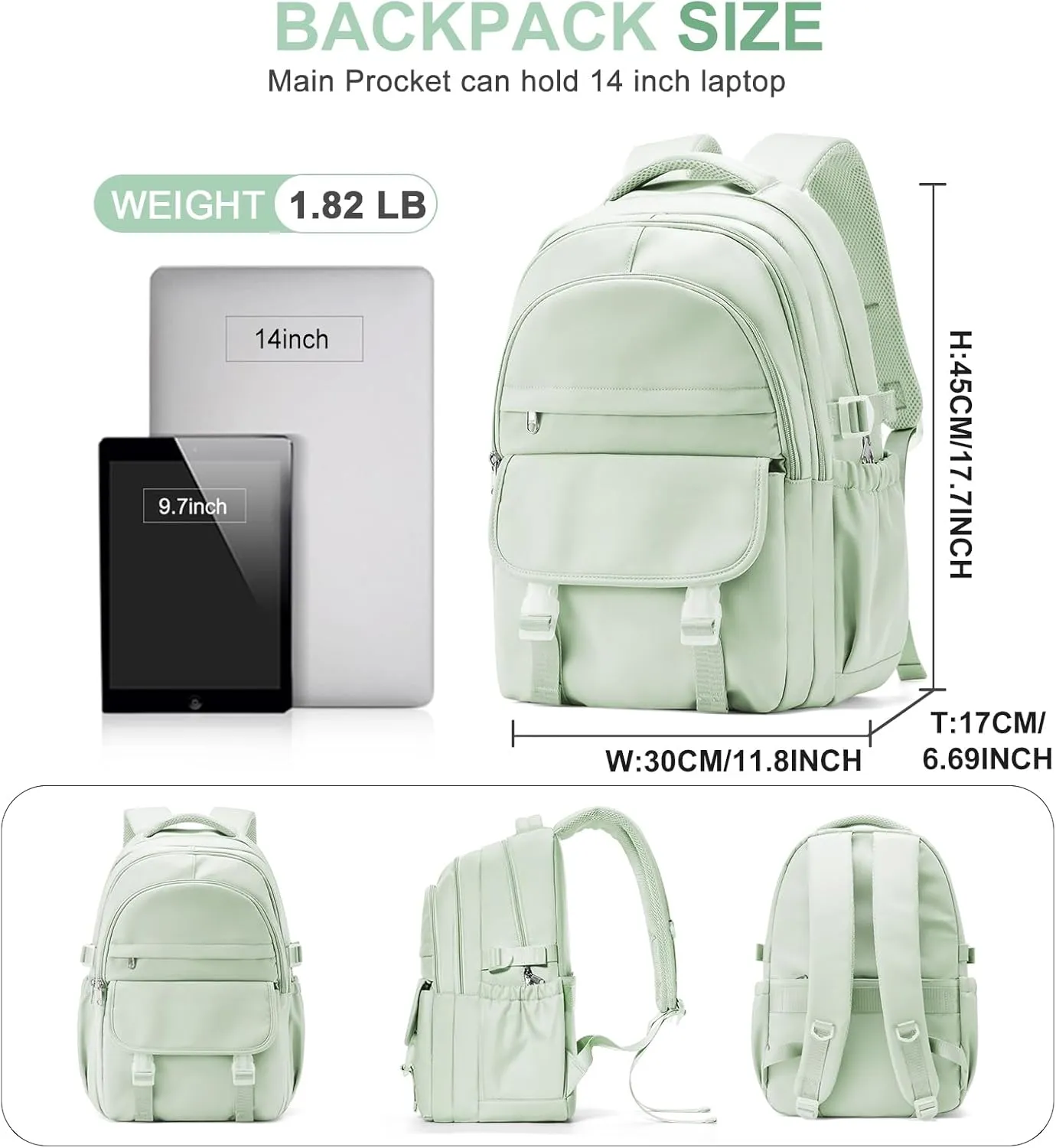 Preppy Middle School Backpack for Teens Girls Boys Waterproof Backpack with Lots of Pockets College Backpacks for Women Men Cute School Bag for Students（MintGreen）