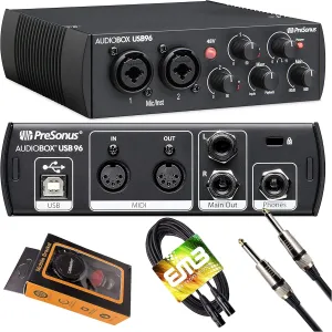 PreSonus AudioBox USB 96 Black USB Audio Interface 2-Channel 24-bit/96kHz USB 2.0 Recording with 2 Instrument/Microphone Preamps with Gravity Magnet Phone Holder and EMB XLR and 1/4" Cable Bundle