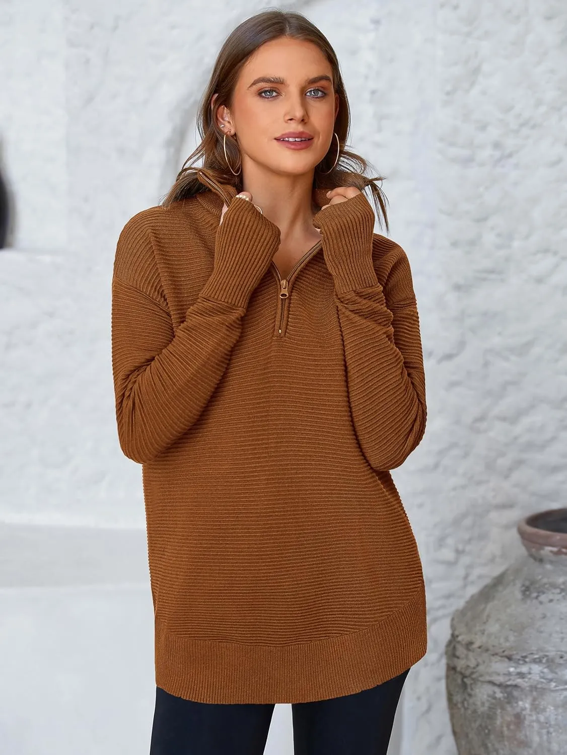 PRETTYGARDEN Womens Long Sleeve Quarter Zip Pullover Sweater Casual Loose V Neck Collared Ribbed Knit Jumper Tops Thumb Hole