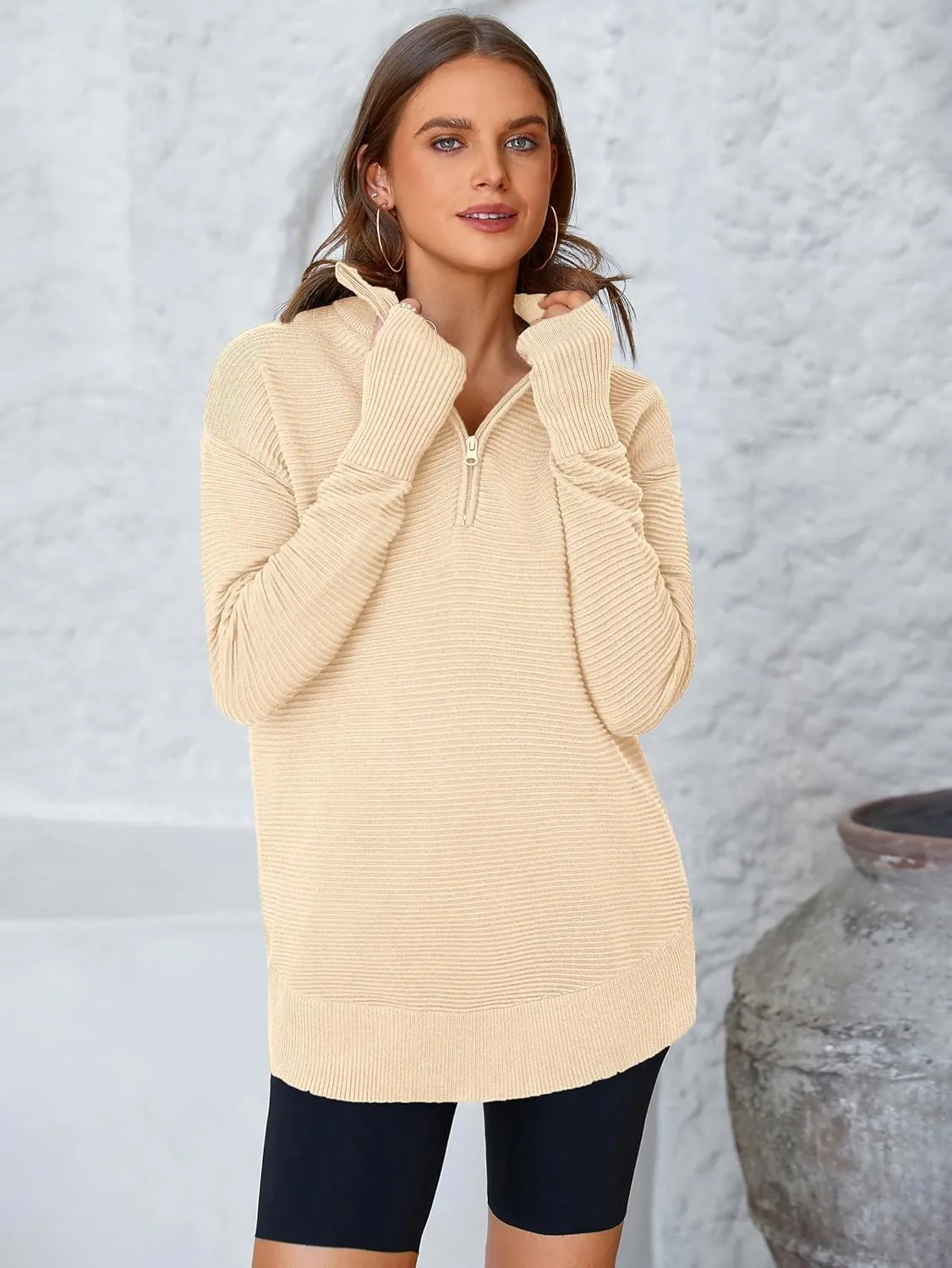PRETTYGARDEN Womens Long Sleeve Quarter Zip Pullover Sweater Casual Loose V Neck Collared Ribbed Knit Jumper Tops Thumb Hole