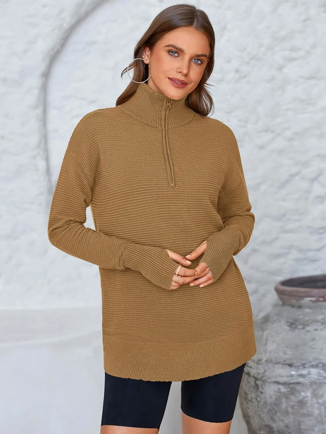 PRETTYGARDEN Womens Long Sleeve Quarter Zip Pullover Sweater Casual Loose V Neck Collared Ribbed Knit Jumper Tops Thumb Hole