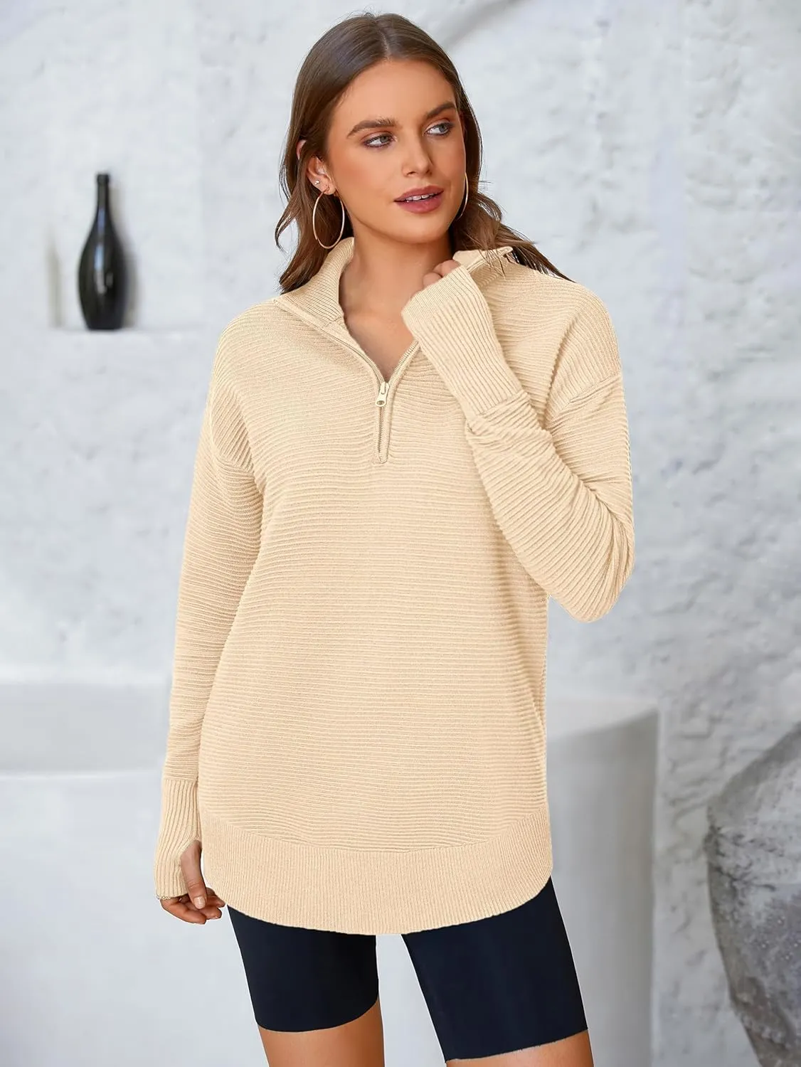 PRETTYGARDEN Womens Long Sleeve Quarter Zip Pullover Sweater Casual Loose V Neck Collared Ribbed Knit Jumper Tops Thumb Hole