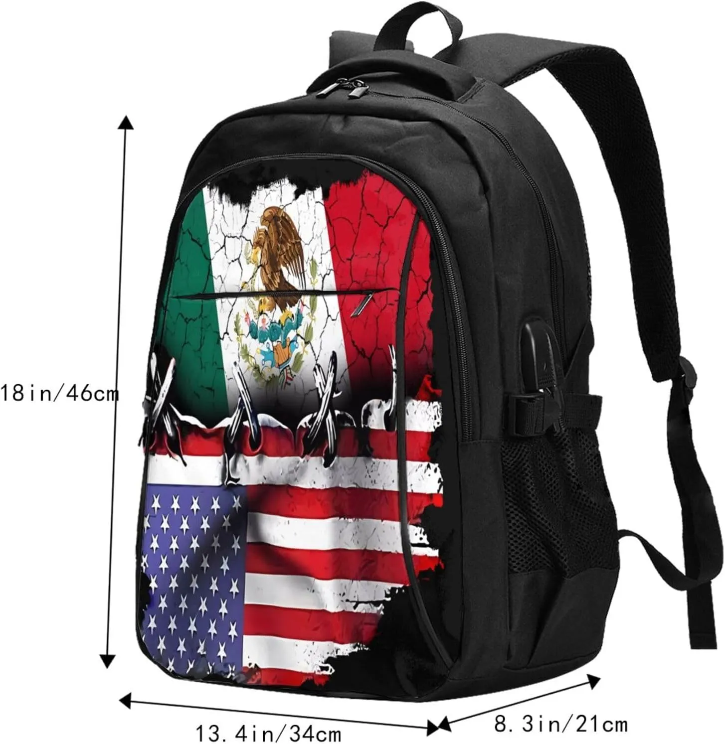 Pride Mexican American Flag Casual Travel Backpacks Hiking Camping Backpack Large Outdoor Sport Daypack Laptop Rucksack Climbing Working Bags with USB Port