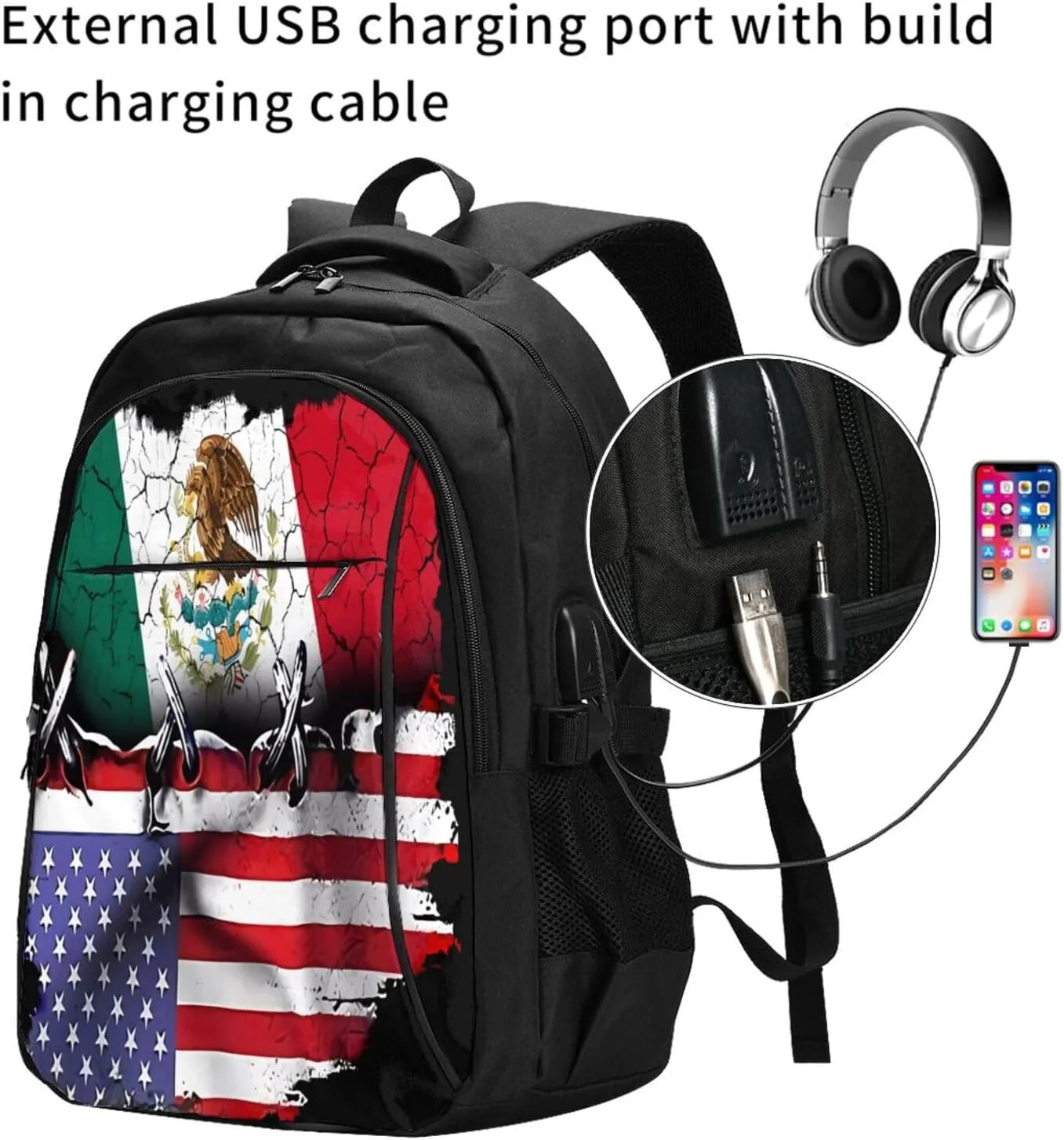 Pride Mexican American Flag Casual Travel Backpacks Hiking Camping Backpack Large Outdoor Sport Daypack Laptop Rucksack Climbing Working Bags with USB Port