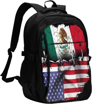 Pride Mexican American Flag Casual Travel Backpacks Hiking Camping Backpack Large Outdoor Sport Daypack Laptop Rucksack Climbing Working Bags with USB Port