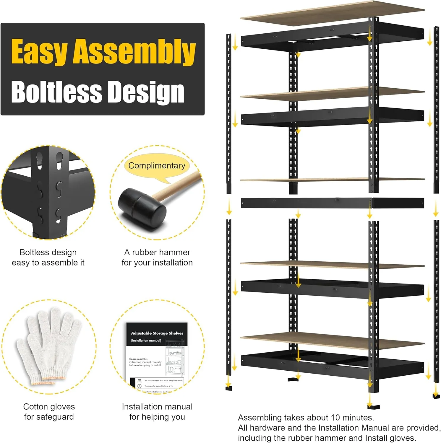 PrimeZone 47" W x 23.6" D x 71" H Large Heavy Duty Storage Shelves - 5 Tier Adjustable Garage Storage Shelving, Metal Storage Utility Rack Shelf Unit for Warehouse Pantry Closet Kitchen, Black