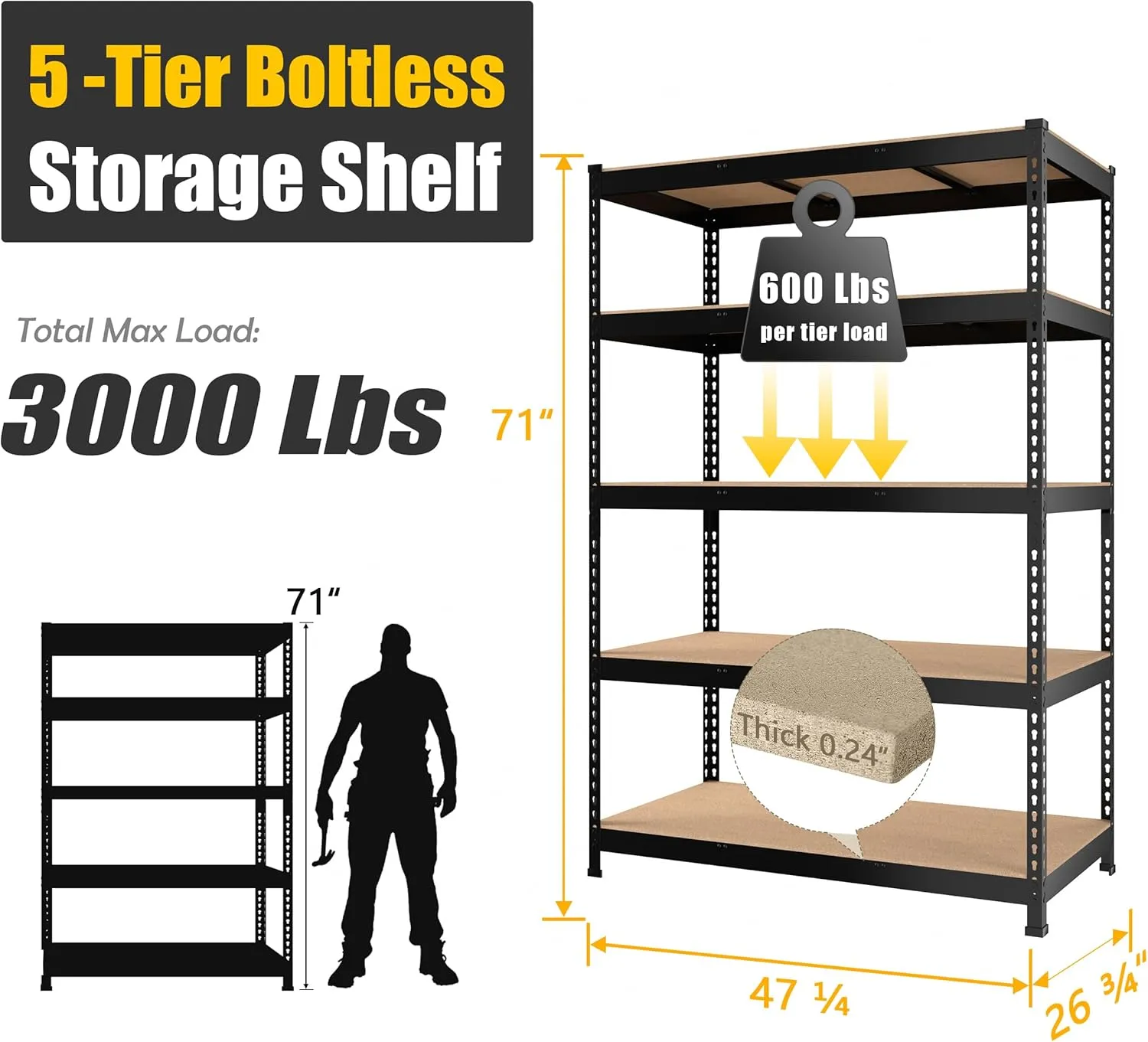 PrimeZone 47" W x 23.6" D x 71" H Large Heavy Duty Storage Shelves - 5 Tier Adjustable Garage Storage Shelving, Metal Storage Utility Rack Shelf Unit for Warehouse Pantry Closet Kitchen, Black