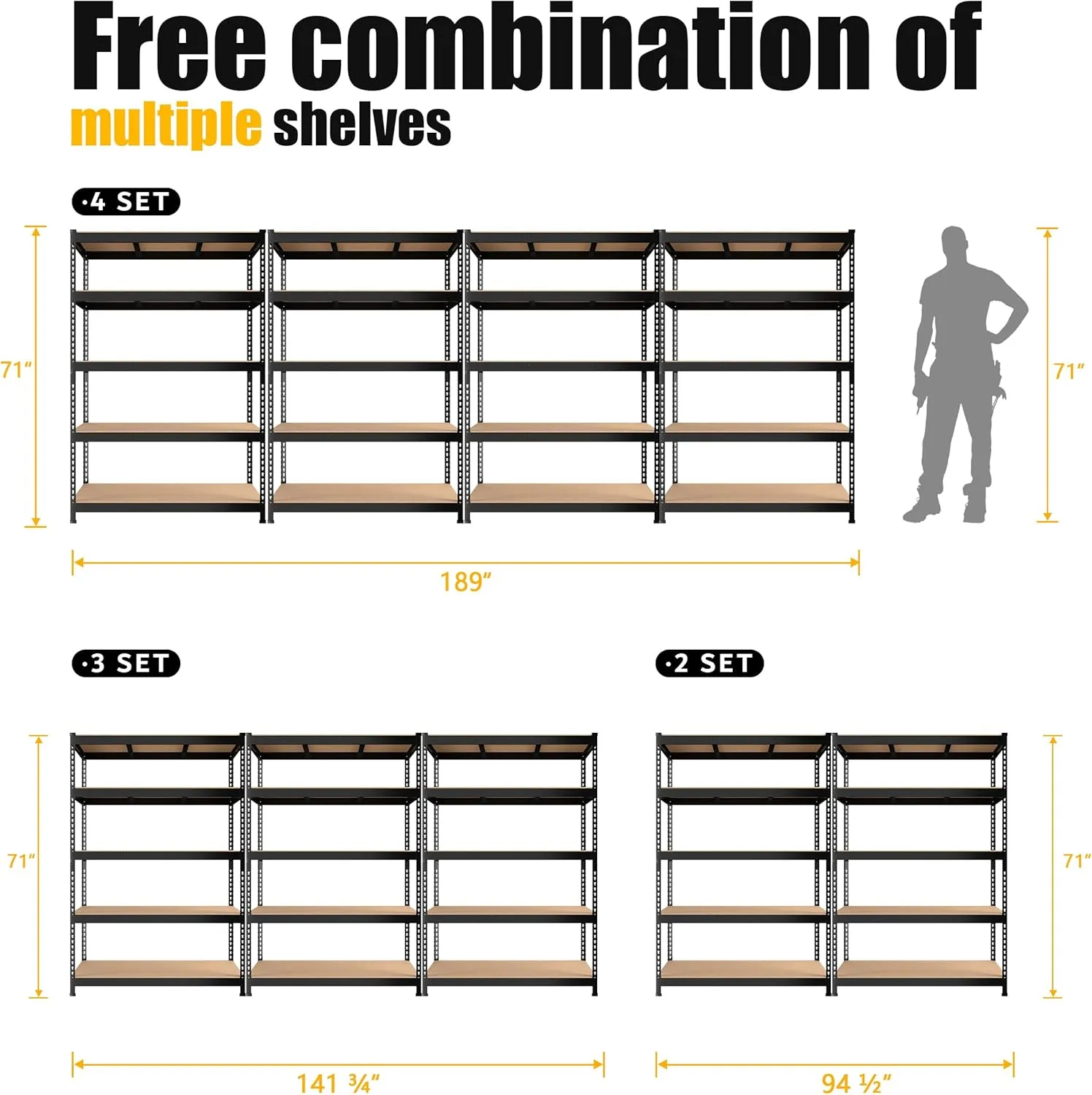 PrimeZone 47" W x 23.6" D x 71" H Large Heavy Duty Storage Shelves - 5 Tier Adjustable Garage Storage Shelving, Metal Storage Utility Rack Shelf Unit for Warehouse Pantry Closet Kitchen, Black