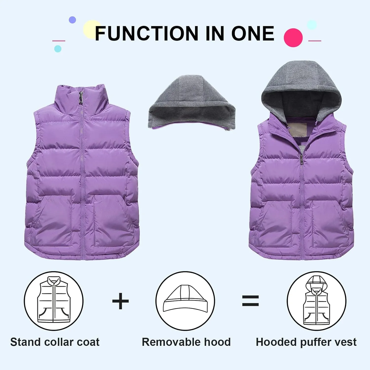 Pursky Girl's and Boy's Warm Puffer Vest Coat Water Resistant Sleeveless Jacket With Detachable Hood for 6-14Y