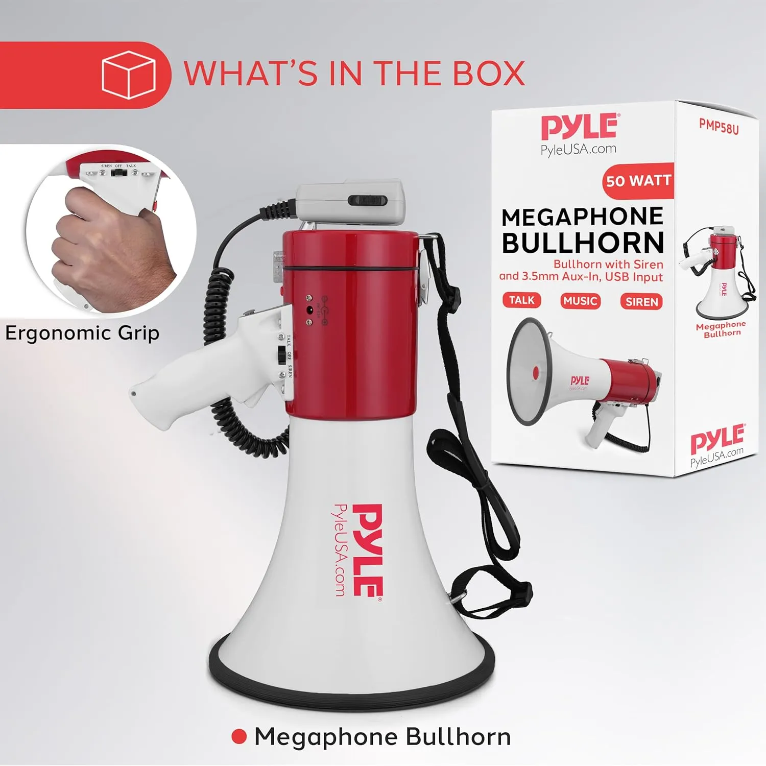 PylePyle Portable Megaphone Bullhorn Speaker - 50W, 1200 Yard Range, Built-in Siren, Adjustable Volume Control and Microphone, Perfect for Outdoor Sports, Cheerleading, Safety Drills, and More