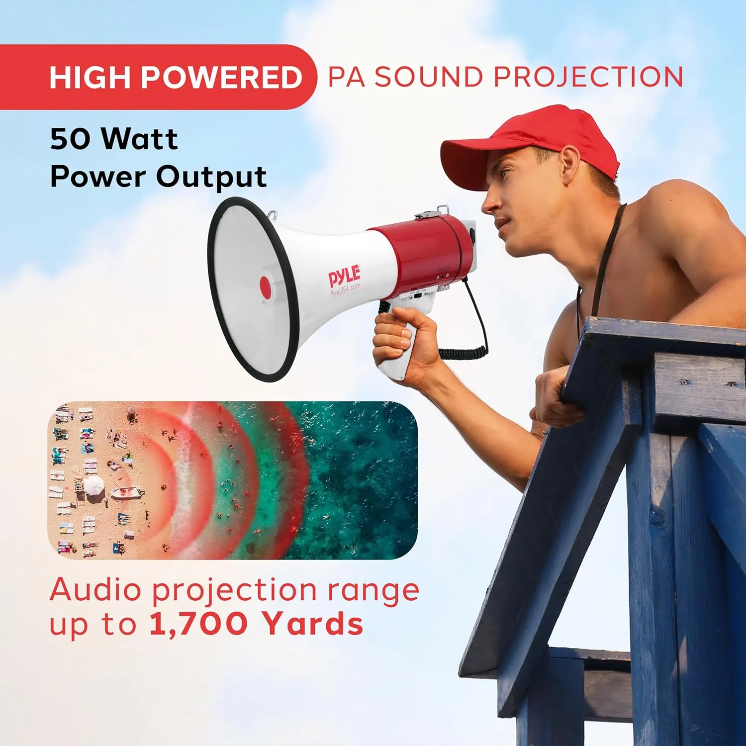 PylePyle Portable Megaphone Bullhorn Speaker - 50W, 1200 Yard Range, Built-in Siren, Adjustable Volume Control and Microphone, Perfect for Outdoor Sports, Cheerleading, Safety Drills, and More