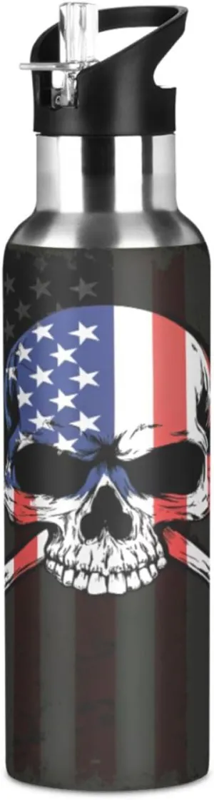 Qilmy American Skull Flag Sport Water Bottle with Straw Lid Double Wall Vacuum Insulated Flask Stainless Steel Water Bottle 20 oz