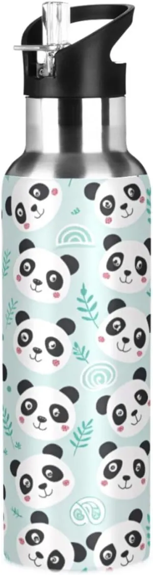 Qilmy Cartoon Panda Sport Water Bottle with Straw Lid Double Wall Vacuum Insulated Flask Stainless Steel Water Bottle 20 oz