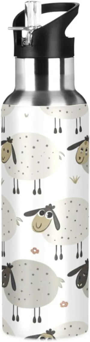 Qilmy Cartoon Sheep Sport Water Bottle with Straw Lid Double Wall Vacuum Insulated Flask Stainless Steel Water Bottle 20 oz