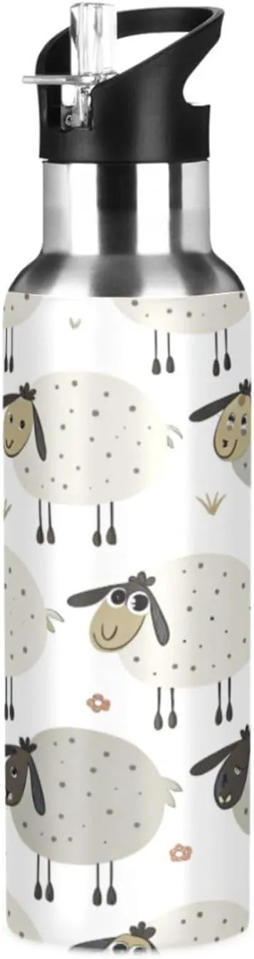 Qilmy Cartoon Sheep Sport Water Bottle with Straw Lid Double Wall Vacuum Insulated Flask Stainless Steel Water Bottle 20 oz