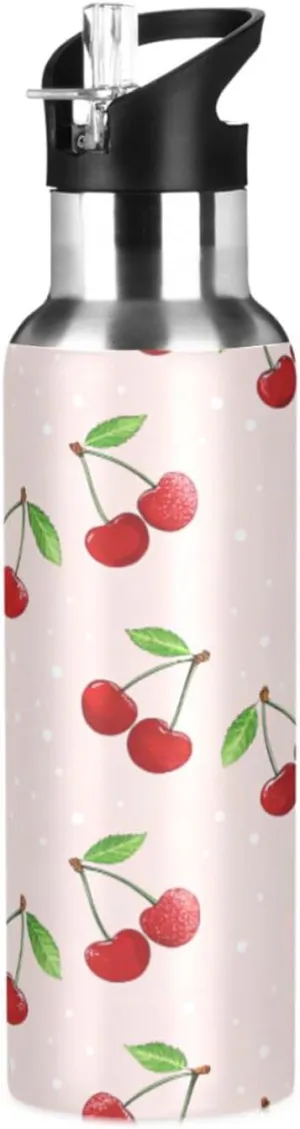 Qilmy Cherry Sport Water Bottle with Straw Lid Double Wall Vacuum Insulated Flask Stainless Steel Water Bottle 20 oz