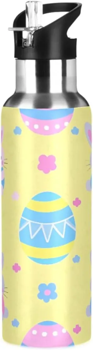 Qilmy Easter Bunny Egg Sport Water Bottle with Straw Lid Double Wall Vacuum Insulated Flask Stainless Steel Water Bottle 20 oz