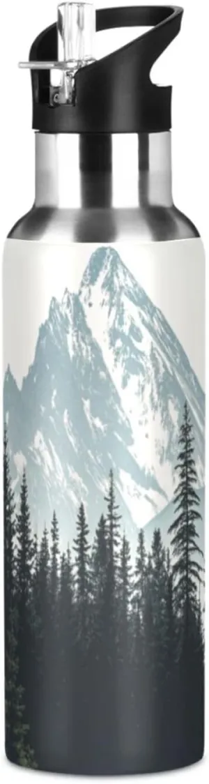 Qilmy Nature Mountains Sport Water Bottle with Straw Lid Double Wall Vacuum Insulated Flask Stainless Steel Water Bottle 20 oz
