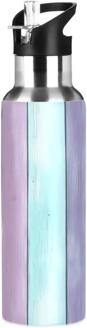 Qilmy Pastel Wood Texture Sport Water Bottle with Straw Lid Double Wall Vacuum Insulated Flask Stainless Steel Water Bottle 20 oz