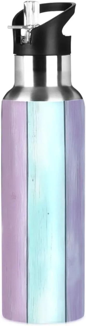 Qilmy Pastel Wood Texture Sport Water Bottle with Straw Lid Double Wall Vacuum Insulated Flask Stainless Steel Water Bottle 20 oz