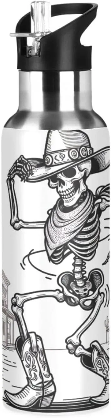Qilmy Skeleton Cowboy Sport Water Bottle with Straw Lid Double Wall Vacuum Insulated Flask Stainless Steel Water Bottle 20 oz
