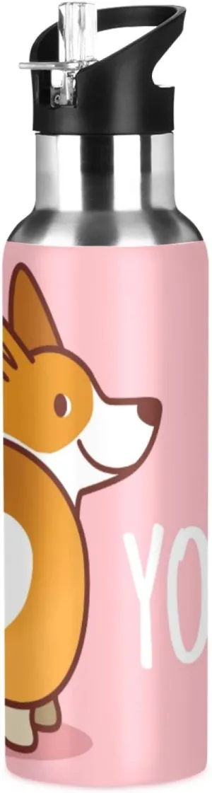 Qilmy Valentine's Heart Shape Corgi Water Bottle Set Double Wall Vacuum Insulated Flask Stainless Steel with Straw Lid 20oz for Women Men, Hot for 10 Hours