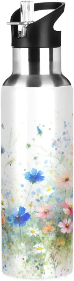 Qilmy Wild Flowers Sport Water Bottle with Straw Lid Double Wall Vacuum Insulated Flask Stainless Steel Water Bottle 20 oz