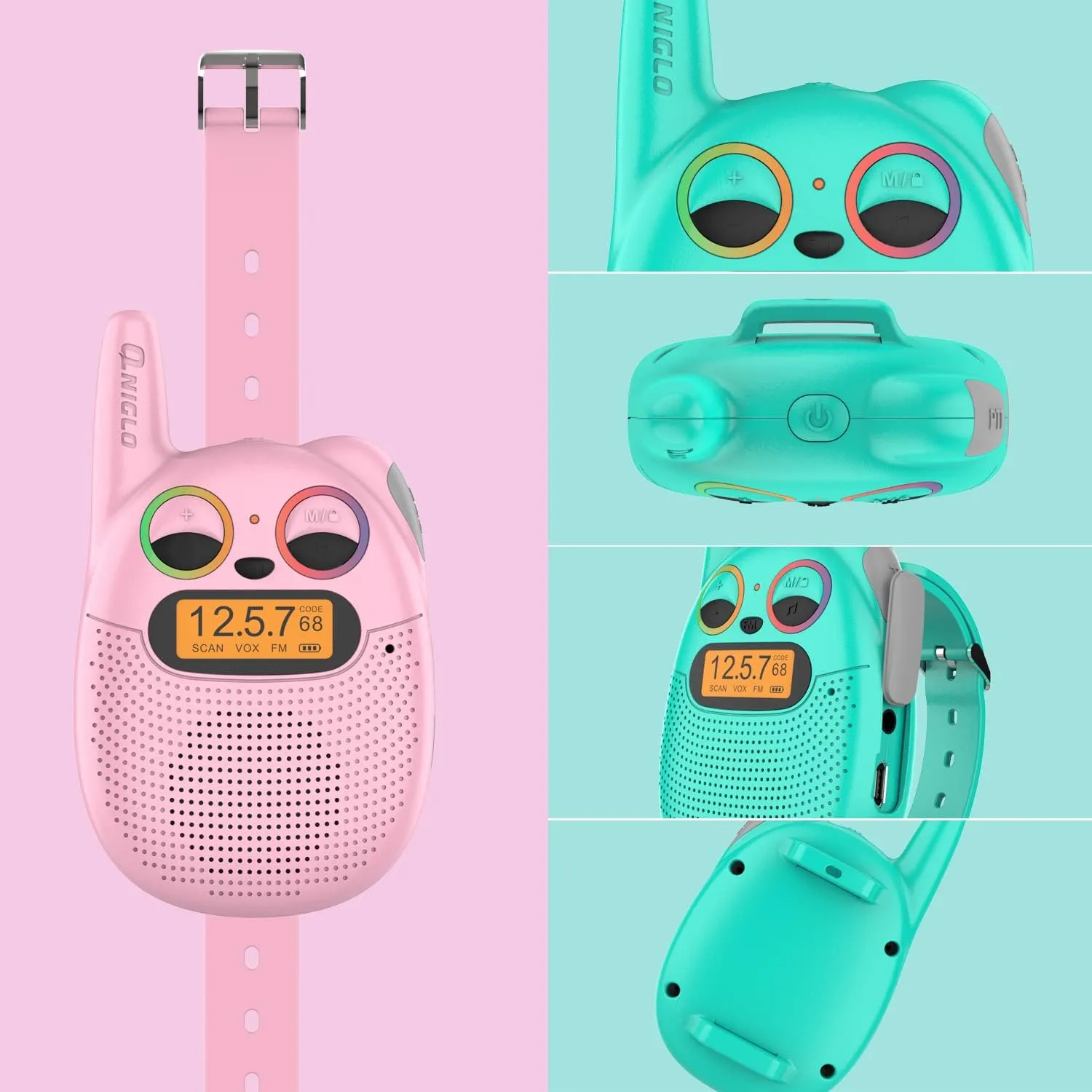 Qniglo Walkie Talkies for Kids Rechargeable, 2 Pack with FM Handheld Walki Talki with Wearable Lanyard & Wrist for Outdoor Camping Games & Birthday Xmas Toys Gifts for Boys Girls Kids