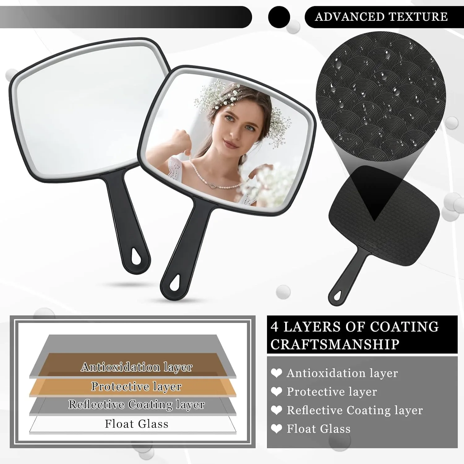 Qunclay 10 Pcs Large Hand Mirror Handheld Mirror with Handle Wall Mount for Barber Bathroom Portable Beauty School Gift for Vanity Makeup Home Salon Travel Use(7.3'' W x 10.3'' L,Black)