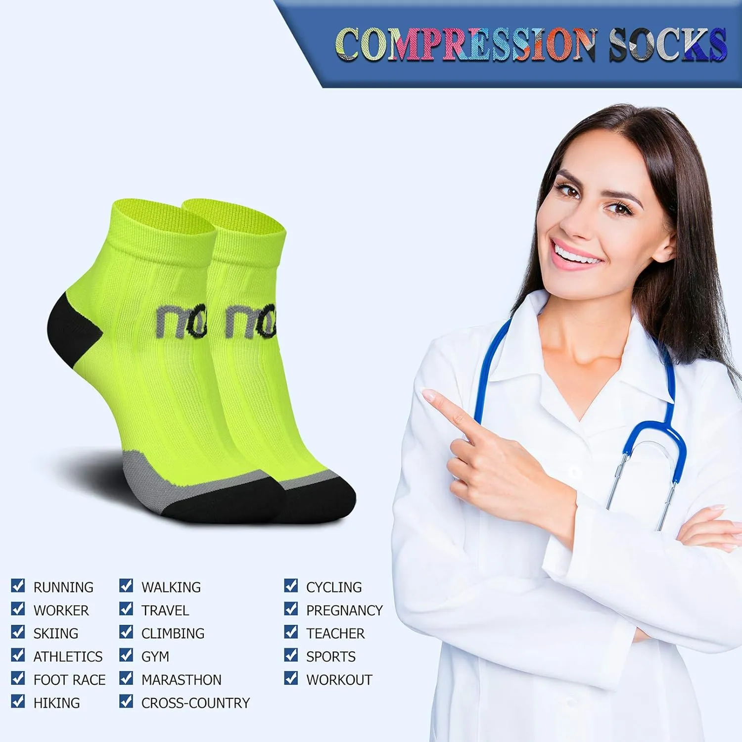 QUXIANG Compression Socks for Women & Men Circulation 3/6/7 Pairs Arch Ankle Support 15-20 mmHg Best for Running Cycling