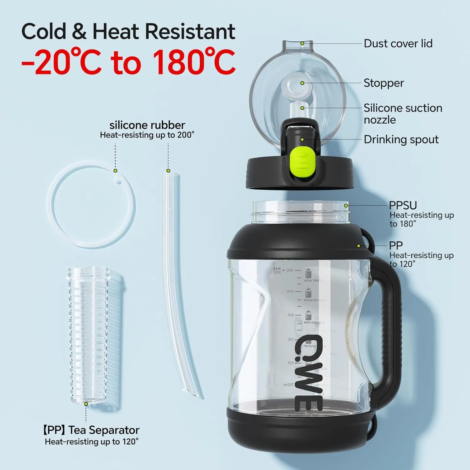 QWE Gym Water Bottle Large Capacity with Handle holder strap,high-capacity,67.6oz,Heat-resisting,Reusable,PPSU BPA Free,Double drinking with straw leak proof, for Travel, School, Outdoors (Green)
