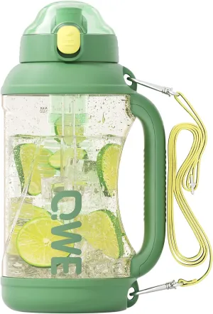 QWE Gym Water Bottle Large Capacity with Handle holder strap,high-capacity,67.6oz,Heat-resisting,Reusable,PPSU BPA Free,Double drinking with straw leak proof, for Travel, School, Outdoors (Green)