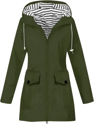 Rain Jacket Women Lightweight Raincoat Waterproof Windbreaker Striped Climbing Outdoor Hooded Trench Coats 2024