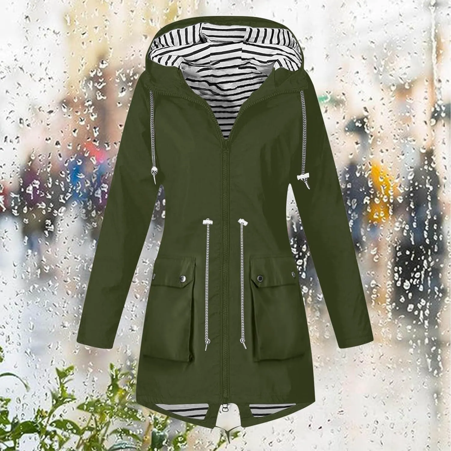 Rain Jacket Women Lightweight Raincoat Waterproof Windbreaker Striped Climbing Outdoor Hooded Trench Coats 2024