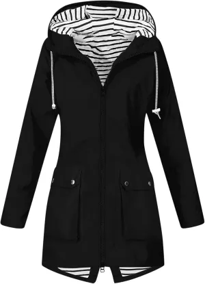 Rain Jacket Women Lightweight Raincoat Waterproof Windbreaker Striped Climbing Outdoor Hooded Trench Coats 2024