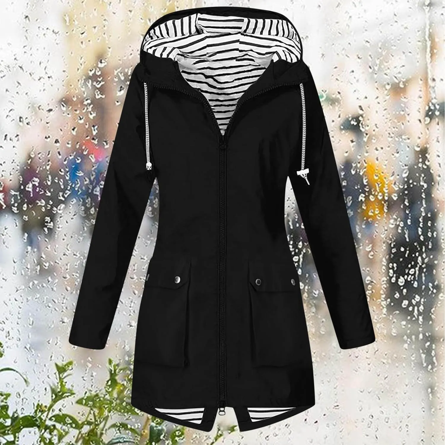 Rain Jacket Women Lightweight Raincoat Waterproof Windbreaker Striped Climbing Outdoor Hooded Trench Coats 2024