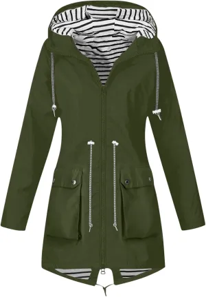 Rain Jacket Women Lightweight Raincoat Waterproof Windbreaker Striped Climbing Outdoor Hooded Trench Coats 2024