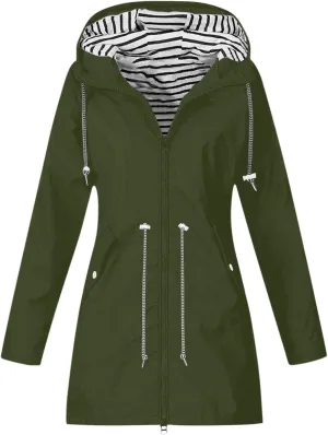 Rain Jacket Women Lightweight Raincoat Waterproof Windbreaker Striped Climbing Outdoor Hooded Trench Coats 2024