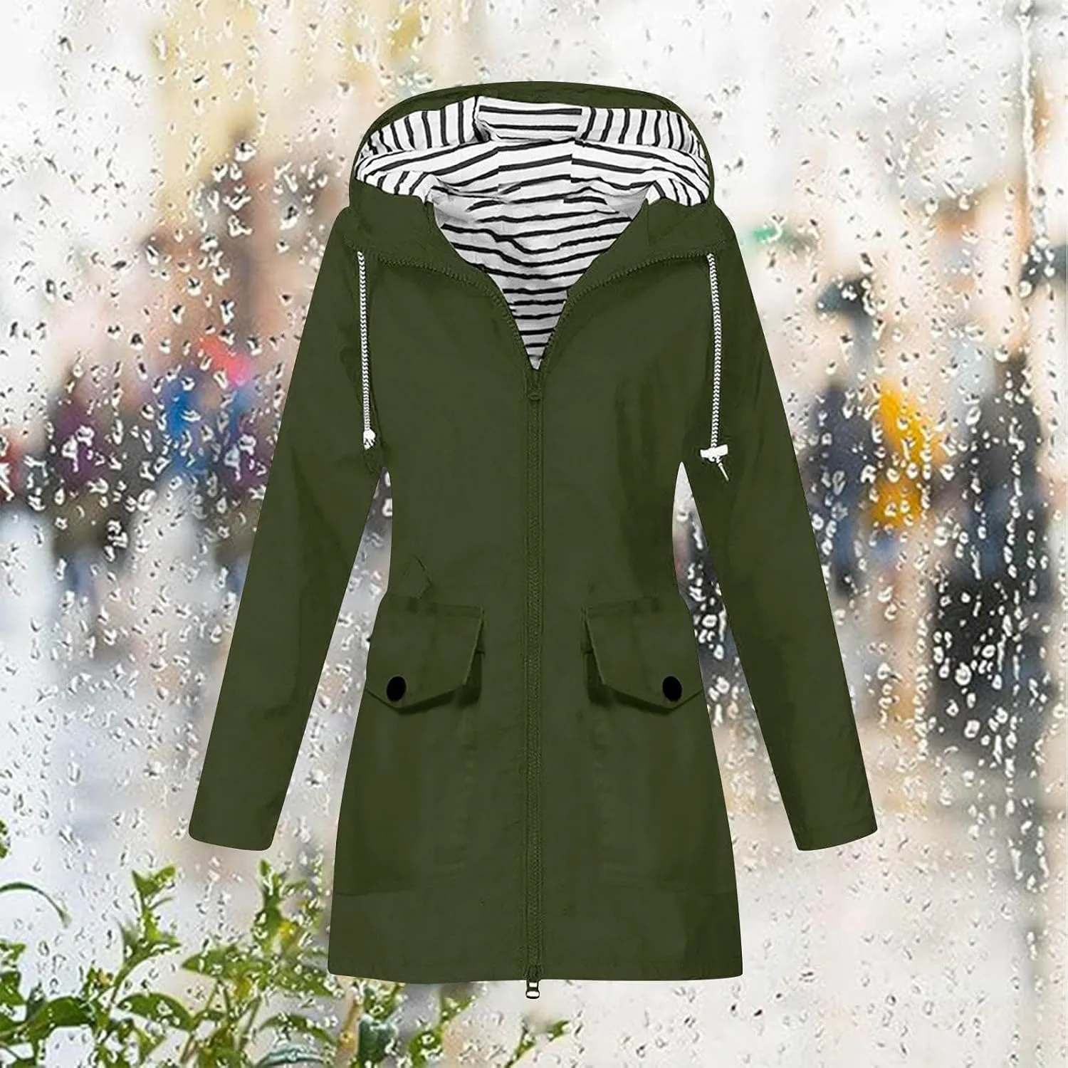 Rain Jacket Women Lightweight Raincoat Waterproof Windbreaker Striped Climbing Outdoor Hooded Trench Coats 2024