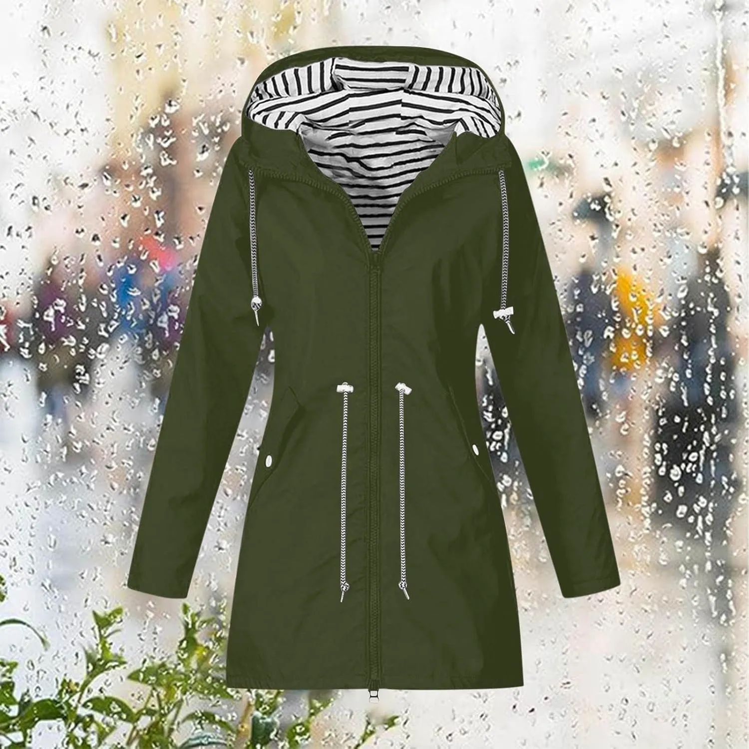 Rain Jacket Women Lightweight Raincoat Waterproof Windbreaker Striped Climbing Outdoor Hooded Trench Coats 2024