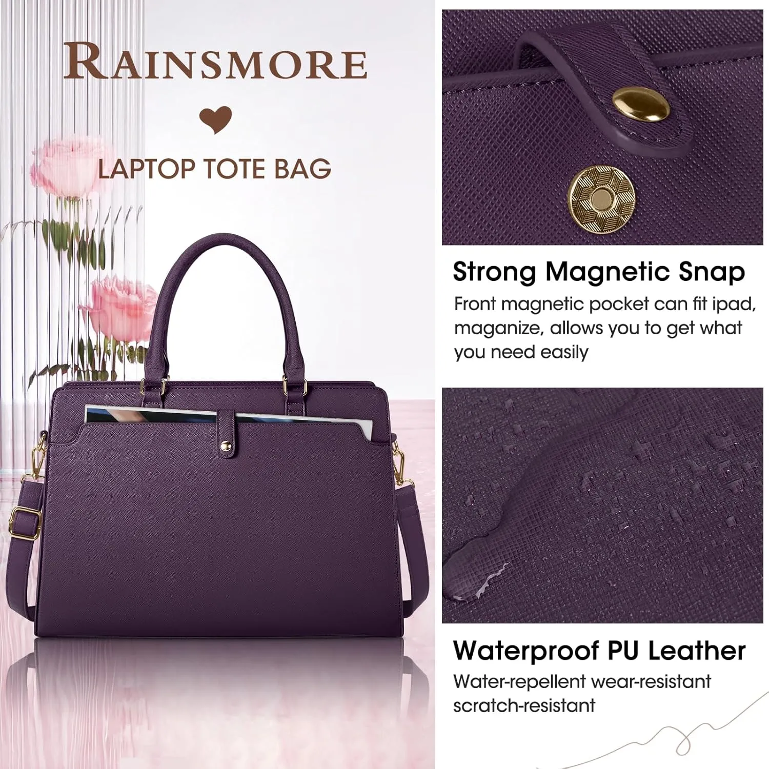 RAINSMORE Laptop Bag for Women 15.6 Inch Laptop Tote Bag Leather Work Bag Waterproof Womens Briefcase Business Office Computer Tote Bag Large Capacity Handbag Purple